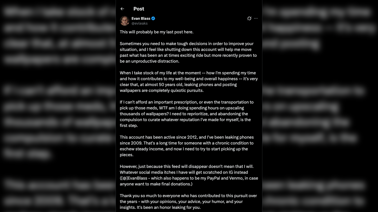 Post publicação de despedida de Evan Blass no perfil EvLeaks